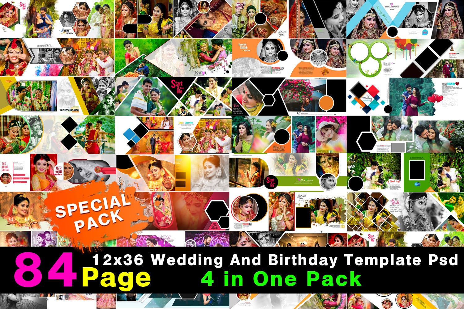 Pack8=Wedding And Birthday Album Template Psd 2021-4 in One Pack (84 Page)  – Eodia